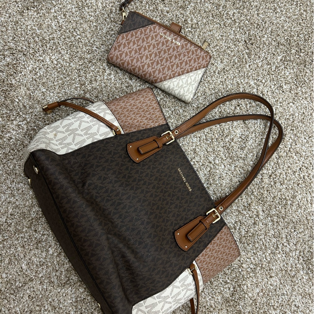 Brown and Tan Designer Tote Bag and Wallet Set